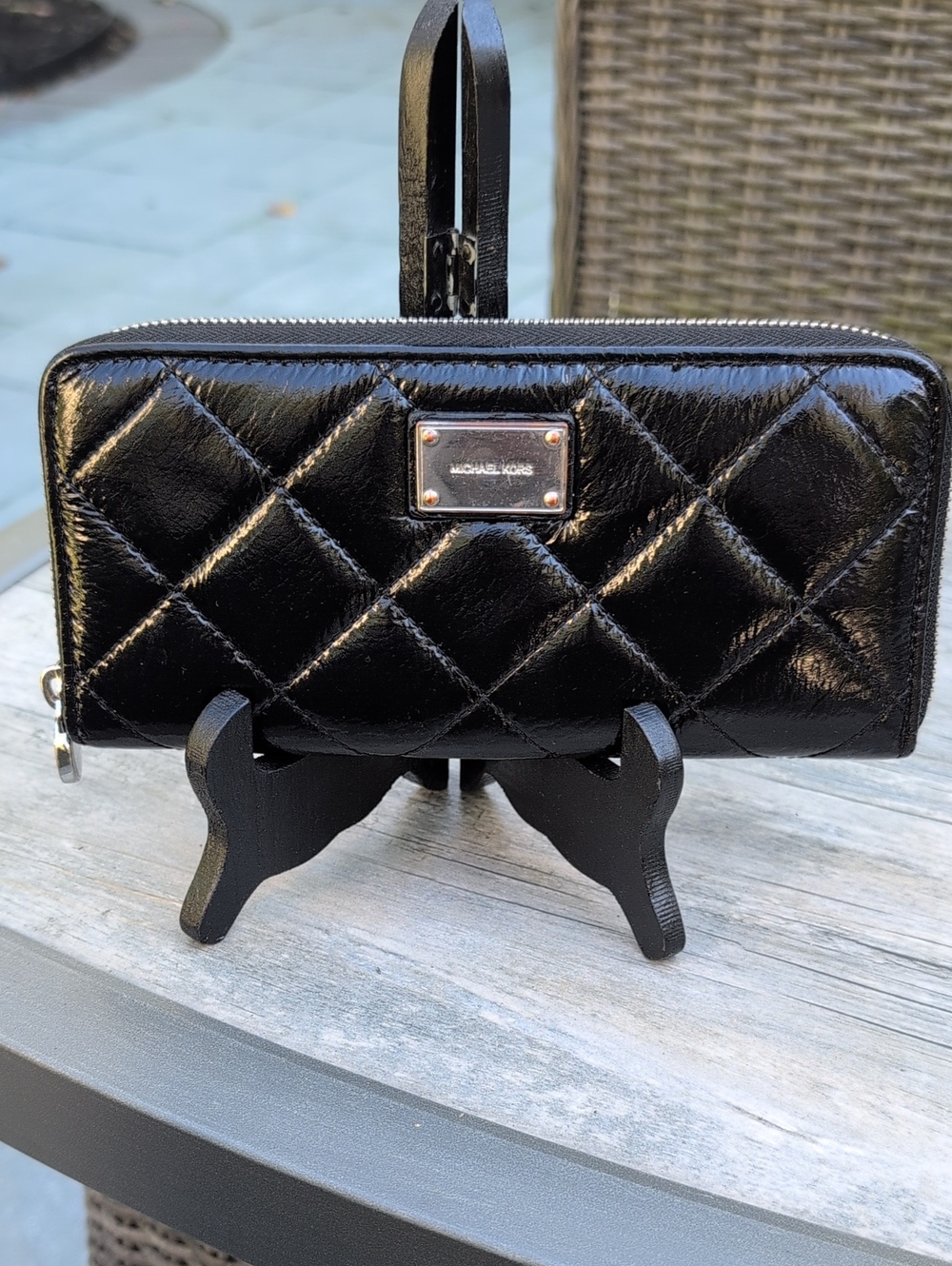 Michael Kors Black Patent Quilted Zip-Around Wallet